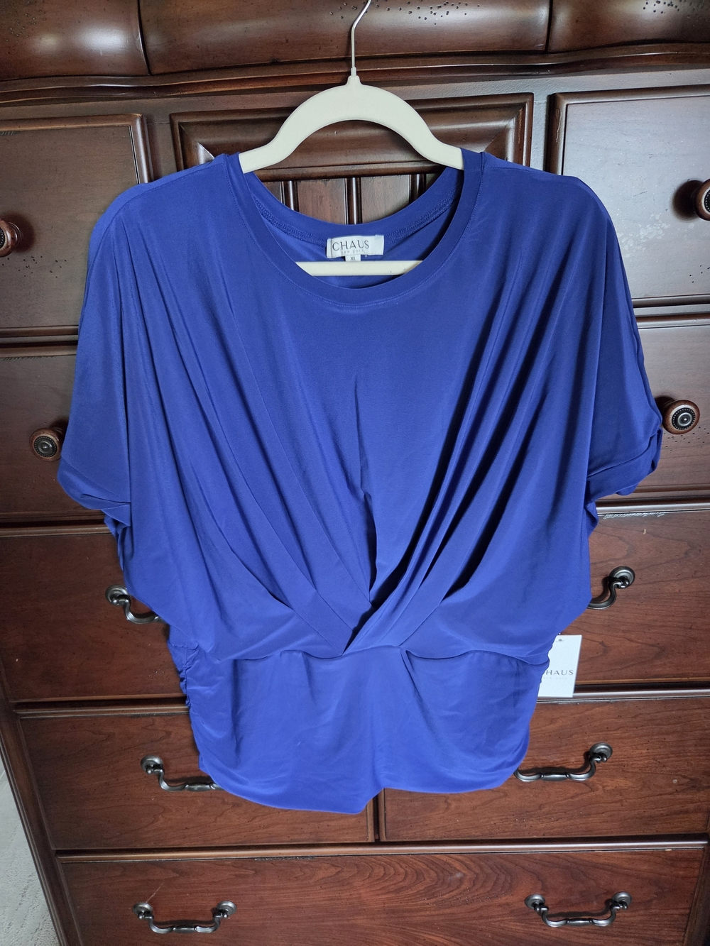 Chaus Royal Blue Draped Twist-Front Short Sleeve Top, NWT